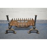 A CAST IRON FIRE GRATE, on a pair of andirons (condition - some rust) (3)