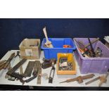 THREE TUBS OF VINTAGE TOOLS to include garden sheers, coffin plane, T-square, files, chisels,