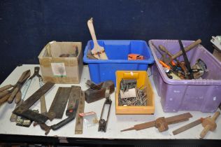 THREE TUBS OF VINTAGE TOOLS to include garden sheers, coffin plane, T-square, files, chisels,