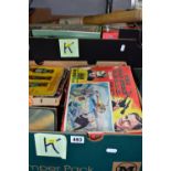 THREE BOXES OF VINTAGE TOYS AND GAMES, to include a boxed Pelham Puppet Witch, in distressed box and