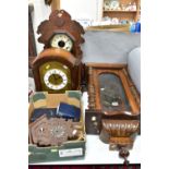 A BOX AND LOOSE CLOCKS, CLOCK PARTS AND CASES, to include two cases for wall clocks, three clocks