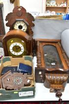 A BOX AND LOOSE CLOCKS, CLOCK PARTS AND CASES, to include two cases for wall clocks, three clocks