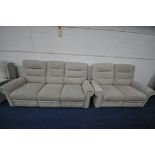 A BEIGE UPHOLSTERED ELECTRIC RECLINING SUITE, comprising a three seater settee, length 207cm, and