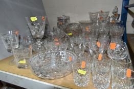 A QUANTITY OF CUT CRYSTAL AND GLASSWARE, comprising three very large 'Cumbria Crystal' wine glasses,
