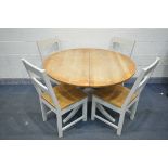 A PARTIALLY PAINTED AND OAK CIRCULAR EXTENDING PEDESTAL DINING TABLE, open length 160cm x diameter