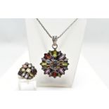 A SILVER AND MULTI GEM SET NECKLACE AND GEMSET RING, a floral silver pendant, set with multiple
