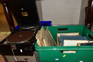 A VINTAGE HMV PORTABLE GRAMOPHONE and three boxes of 78rpm LPs