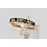 A 9CT GOLD SAPPHIRE AND DIAMOND HALF ETERNITY RING, designed with a row of four claw set, circular