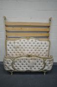 A CREAM AND GILT FRENCH 4FT6 BEDSTEAD, with buttoned pink fabric (condition - fabric in distressed