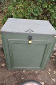 A BESPOKE WOODEN GARDEN TOOL CUPBOARD with felted lift up lid, staple and hasp closer with locked