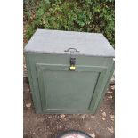 A BESPOKE WOODEN GARDEN TOOL CUPBOARD with felted lift up lid, staple and hasp closer with locked