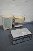 A VINTAGE GALVANISED TRAVELLING TRUNK, along with a Hawkins electric hostess trolley, a vintage meat