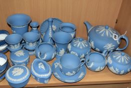 A GROUP OF WEDGWOOD PALE BLUE JASPERWARES, eighteen pieces to include a teapot, two cream jugs,