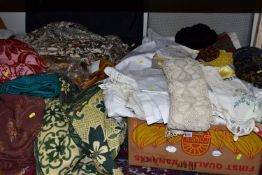 TWO BOXES AND TWO SUITCASES OF ASSORTED TEXTILES, to include a Kandahar LDPB blue patterned rug,