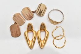 A PAIR OF 9CT GOLD EARRINGS AND ASSORTED YELLOW METAL JEWELLERY, a pair of yellow gold large