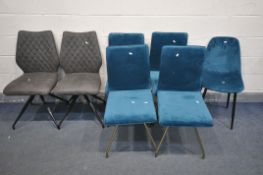 A SET OF FOUR CONTEMPORARY TURQUOISE UPHOLSTERED CHAIRS, with brassed legs, a similar chair, and a