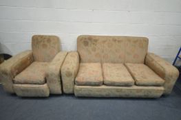 AN ART DECO LOUNGE SUITE, comprising a three seater settee, length 178cm x depth 96cm x height 94cm,
