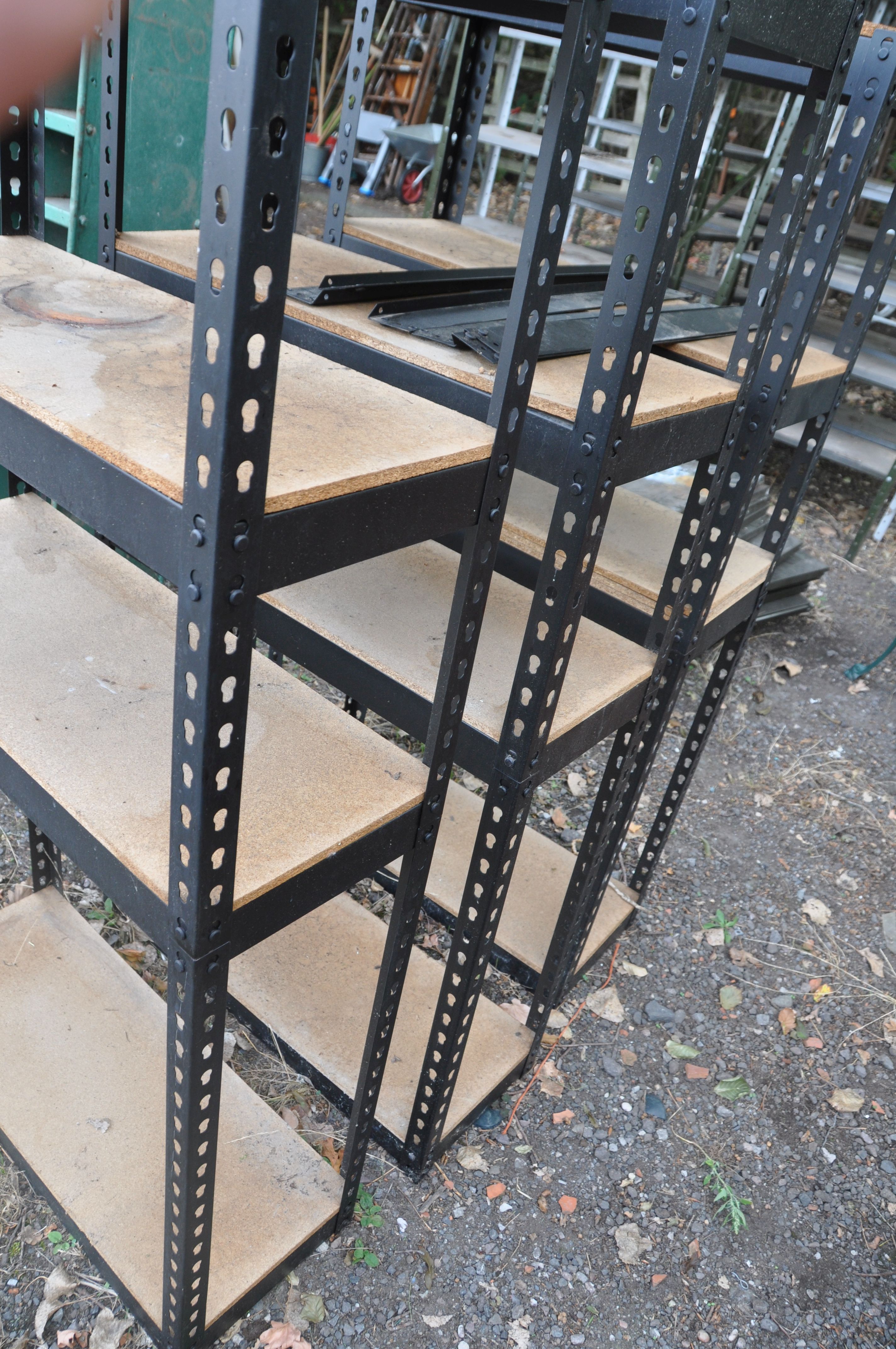 THREE 78CM WIDE BAYS OF METAL FRAMED SHELVING 153cm high with chip board shelves and six spare shelf - Image 3 of 4