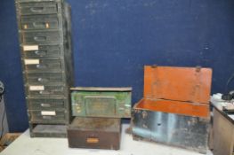 A VINTAGE N.C.BROWN METAL FILING CABINET missing one draw along with a military tin a wooden chest