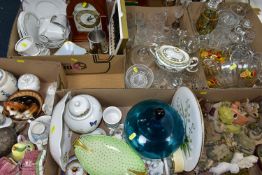 SIX BOXES OF GLASSWARE, CERAMICS AND HOUSEHOLD ORNAMENTS to include Leonardo Collection cottages,