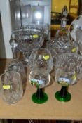 A GROUP OF CUT CRYSTAL comprising of a Royal Doulton decanter, two footed fruit bowls, two smaller