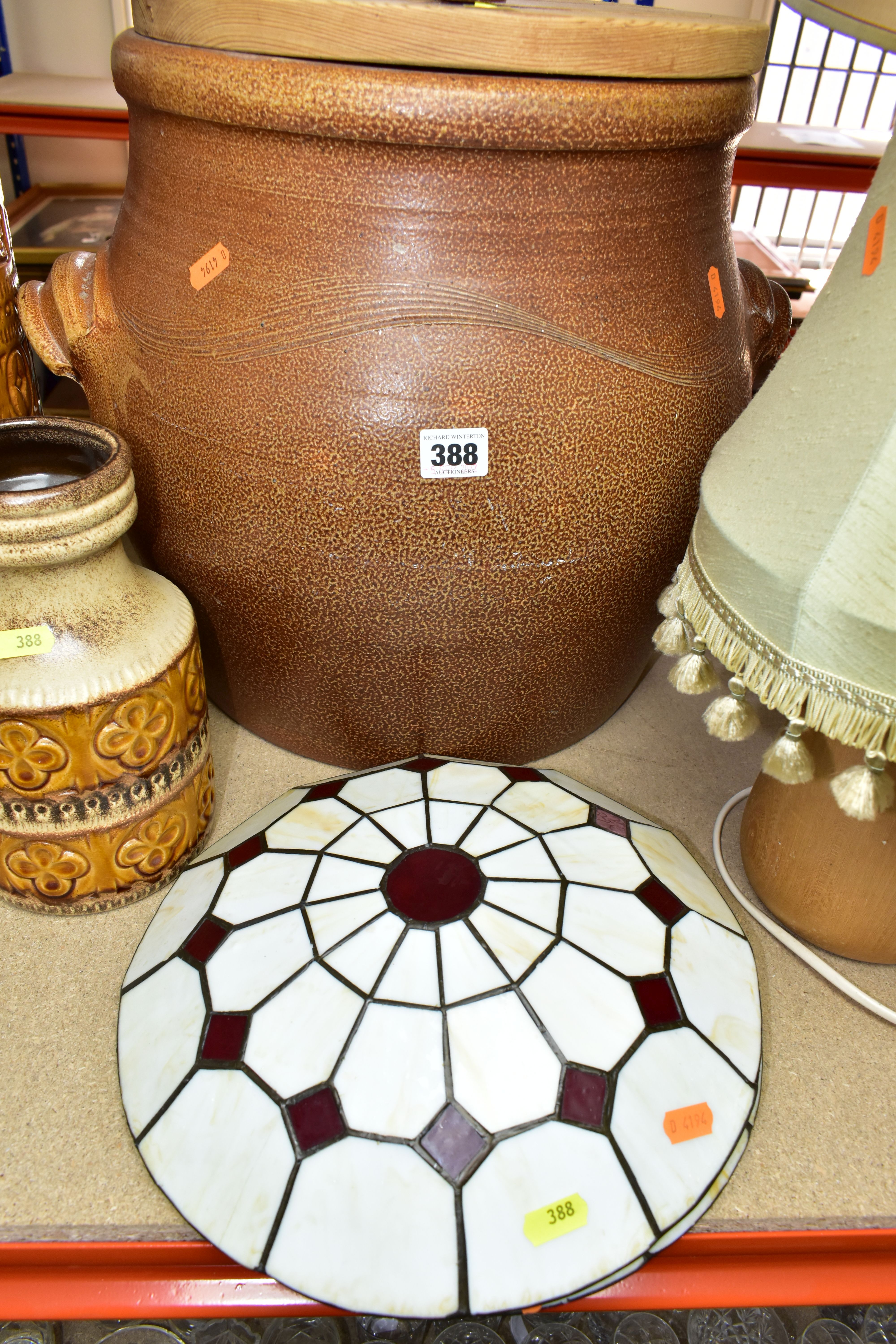 A LARGE STONEWARE BRAED CROCK WITH WOODEN COVER, TWO WEST GERMAN POTTERY VASES, FOUR TABLE LAMPS, - Image 3 of 5