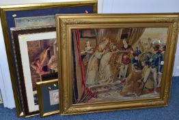 A FRAMED VICTORIAN TAPESTRY AND PRINTS, tapestry depicts a king on his throne remonstrating with two