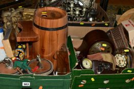 FOUR BOXES OF CLOCKS, TREEN, METALWARES AND SUNDRY ITEMS, to include a wooden cased mantel clock,