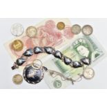 A 9CT YELLOW GOLD FIVE STONE CUBIC ZIRCONIA RING, SIAM JEWELLERY, A SELECTION OF COINS AND NOTES,