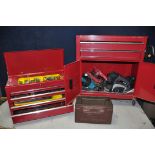 A ROLLING TOOLBOX with hinged top, six draws above two doors containing various tools to include