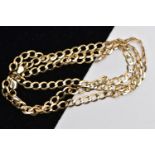 A 9CT YELLOW GOLD CURB LINK CHAIN, designed as a flat curb link chain with lobster clasp, import