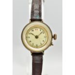 AN EARLY 20TH CENTURY MANUAL WINDING WRISTWATCH, the white enamel dial, with hourly applied Roman