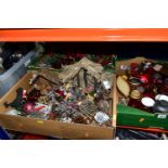 FOUR BOXES AND LOOSE CHRISTMAS DECORATIONS, WHITE PAINTED DECORATIVE TREE, ETC, including tea