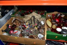 FOUR BOXES AND LOOSE CHRISTMAS DECORATIONS, WHITE PAINTED DECORATIVE TREE, ETC, including tea