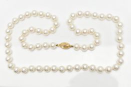 A CASED IMITATION PEARL NECKLACE, a single row of white imitation pearl beads individually knotted