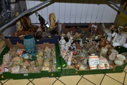 FIVE BOXES OF ASSORTED ORNAMENTS AND FIGURINES to include a ceramic garden ornament of a classical