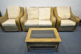 A RATTAN FOUR PIECE CONSERVATORY SUITE, comprising a two seater sofa, length 140cm, a pair of