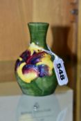 A MOORCROFT POTTERY HIBISCUS BALUSTER BUD VASE, with tube lined pink and purple, and yellow and