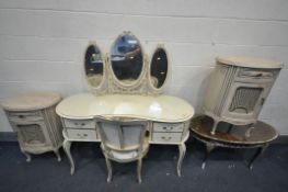 A CREAM PAINTED FRENCH DRESSING TABLE, with triple swing mirror, five assorted drawers, length 133cm