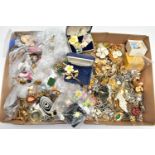 TWO BOXES OF COSTUME JEWELLERY, to include brooches, yellow and white metal chains, earrings,