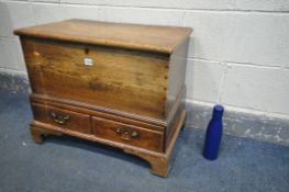 A GEORGIAN OAK MULE CHEST, of small proportions, with hinged lid, two drawers, on bracket feet,