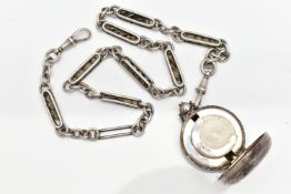 A SILVER SOVEREIGN CASE AND ALBERT CHAIN, circular sovereign case decorated with a floral and