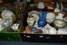 FOUR BOXES AND LOOSE CERAMICS, GLASS AND SUNDRY ITEMS, to include a forty piece Wedgwood Wheatear