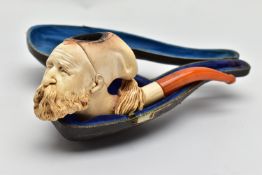 A MEERSCHAUM SMOKING PIPE, a carved meerschaum smoking pipe depicting a bearded man's face, possibly