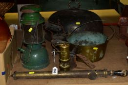 A GROUP OF METALWARE comprising a small brass miner's lamp 'Hockley Lamp & Limelight Company',