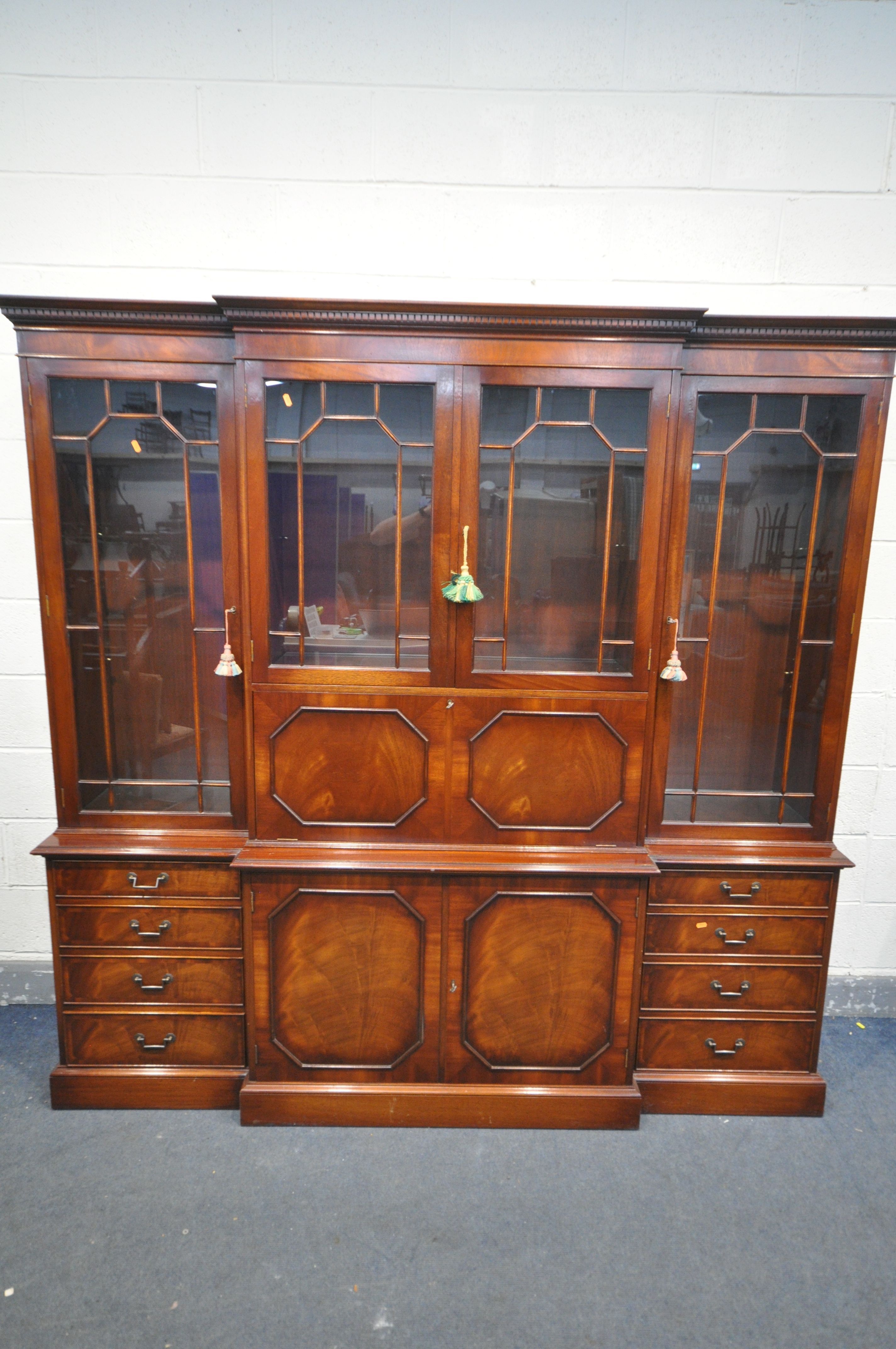 A WADE FURNITURE LTD MAHOGANY BREAKFRONT BOOKCASE, with a central cocktail section, width 207cm x - Image 2 of 4