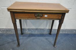 A LATE GEORGIAN MAHOGANY FOLD OVER SIDE TABLE, with a single frieze drawer, on cylindrical legs,