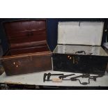 A WOODEN CHEST CONTAINING TOOLS to include vintage Woden f-clamp, vintage chisels, hand drill,