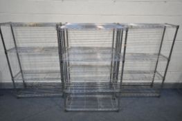 A SET OF FOUR CHROME FOUR TIER SHELVINGS UNITS, manufactured by 'shelf tech system', width 91cm x