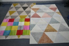 SIX VARIOUS RUGS, three similar large geometric rugs with triangular patterns, a small rug with